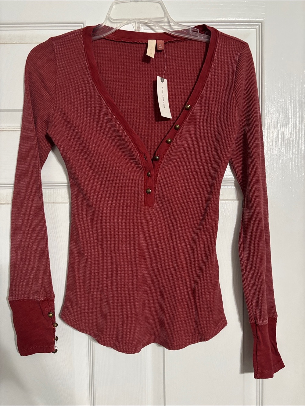 Anthropologie Pilcro Deep Red Waffle Henley Long Sleeve Top